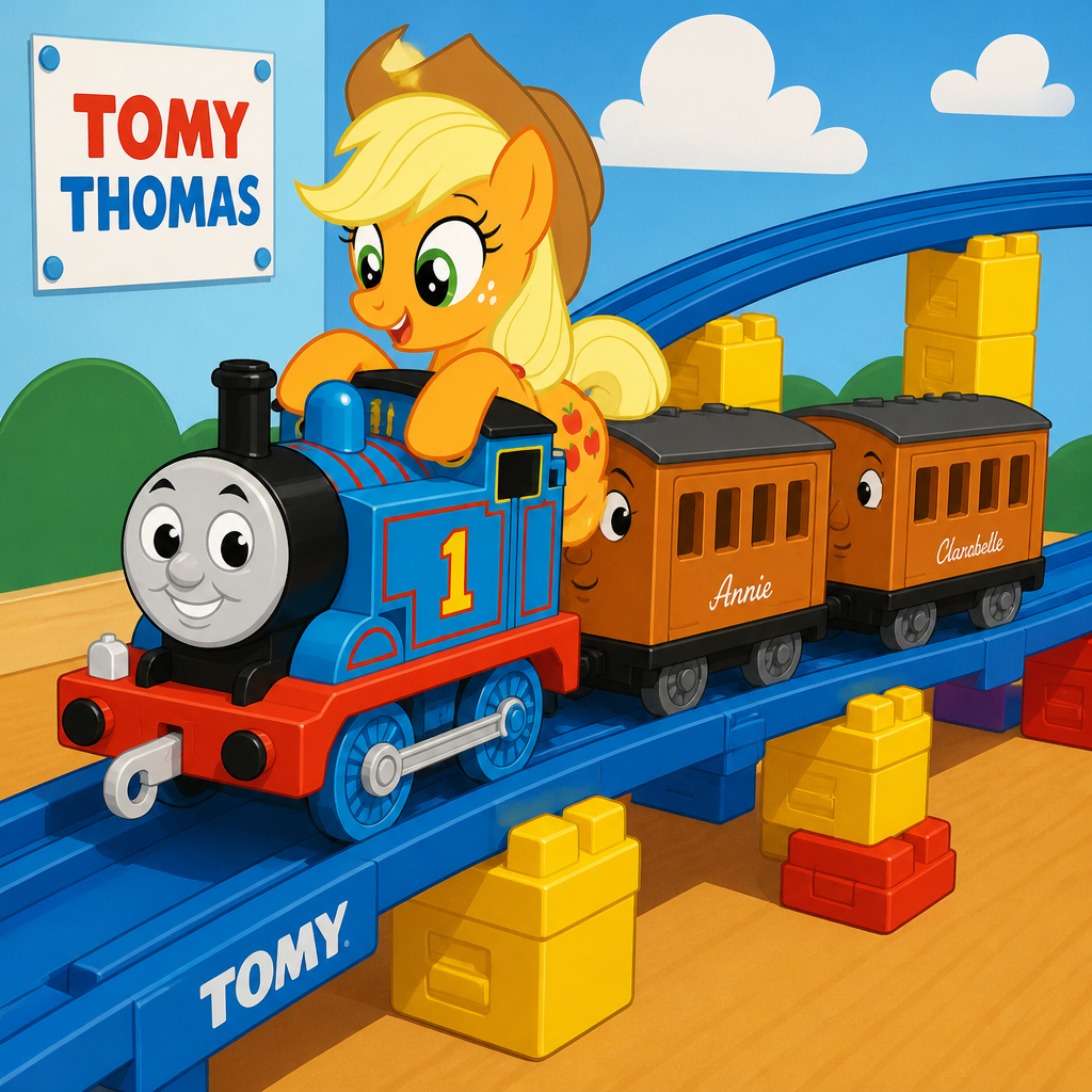 Applejack from My Little Pony is put giant toy, Tomy Thomas with Annie and Clarabelle onto giant toy tomy roller coaster tracks so she can fit onto toy tomy Thomas cab to drive