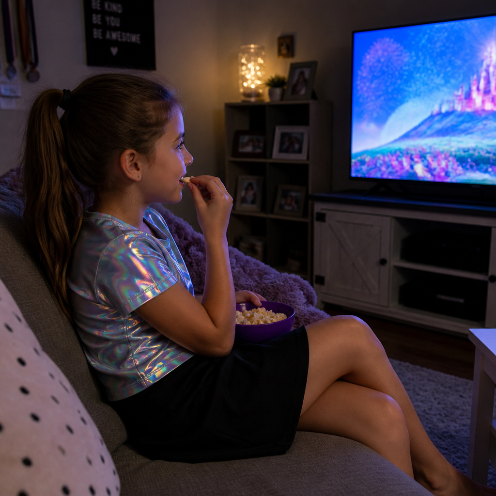 A 9 year old girl with a ponytail a holographic shirt and a normal black skirt eating watching tv