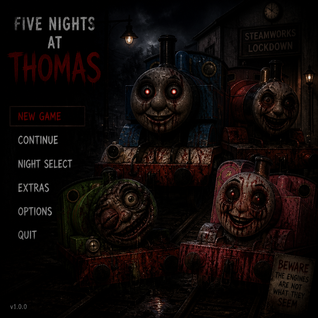 Five nights at Thomas game game menu Thomas the Tank engine as Freddy James the red engine as Bonnie Rosie, the pink engine as chica and Percy as foxy