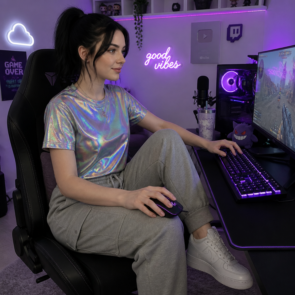 A 20 year old girl with a ponytail with a rainbow holographic shirt and normal pants and normal shoes gaming