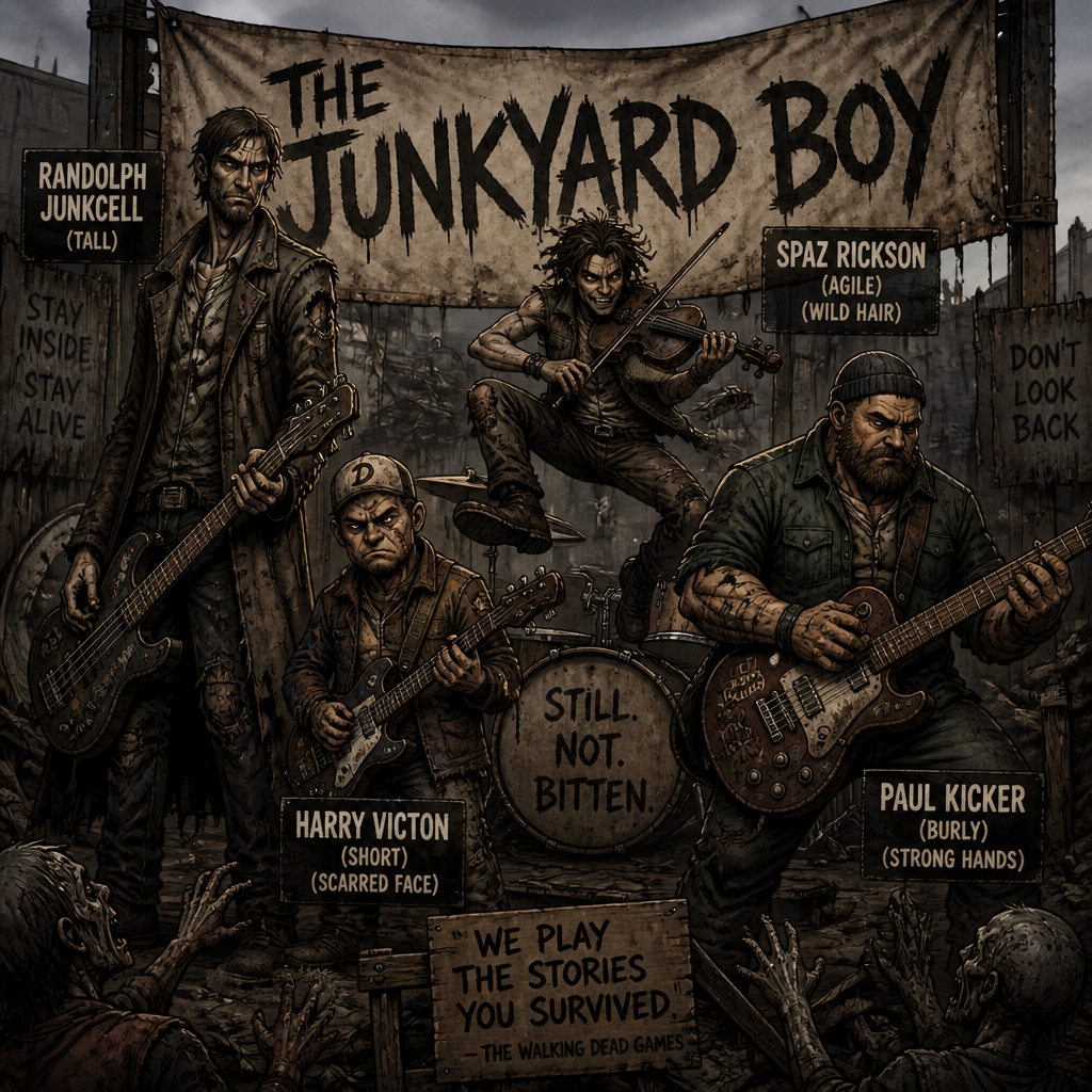 Band name the junkyard boy the walking dead games and 4 members name Randolph junkcell and Harry victon and spaz rickson and Paul kicker