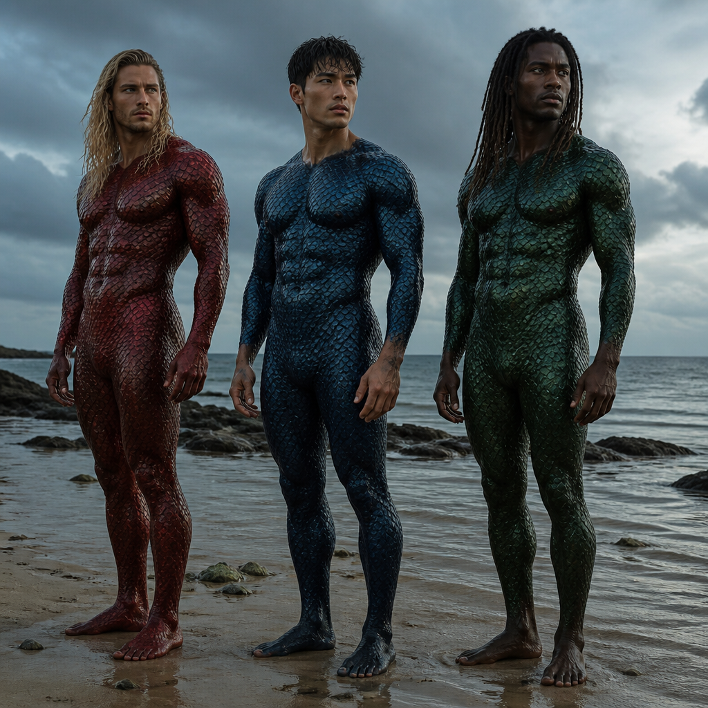 Un homme sirène, mais qui a des pieds pas une queue un peu à la Aquaman avec les cheveux longs les yeux d’une couleur océan, océan des écailles verts un peu, je veux qu’il soit vraiment dans le vert turquoise bleu, et je veux quelqu’un à côté de lui de complètement différent au niveau ethnie genre asiatique peut-être roux, cheveux longs ou courts. Enfin peu importe voilà en fait fais-moi trois personnages. Du coup ils ont des pieds mais avec des écailles et des nageoires. encore une fois il n’a pas une queue de poisson et ses trois hommes. Ils ont des pieds des jambes mais en gros ils ont des écailles dessus, j’aimerais bien des couleurs sombres, genre des écailles noires rouges sombres magenta, un bleu nuit avec du noir et un troisième avec du vert version sombre, genre des bijoux de la mer, mais OK donc quatre personnes et s’il te plaît, mets-les t’es en ethnie différentes avec des couples différentes avec des couleurs, deux yeux différentes genre un qui a l’air un peu viking un deuxième qui a l’air blanc, un peu russe, un troisième asiatique, les cheveux courts noirs et en quatrième métisse, cheveux locké