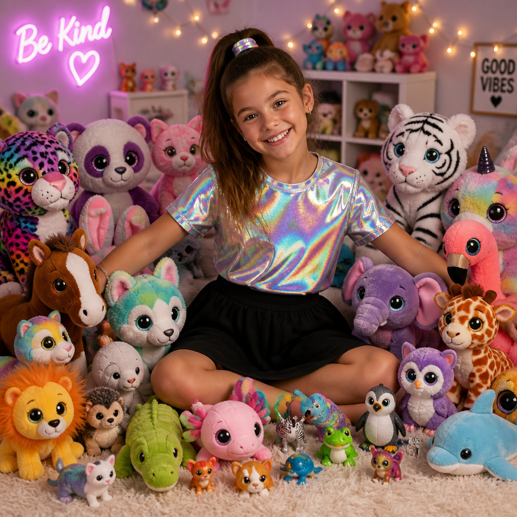 A 9 year old girl with a ponytail a holographic shirt and a normal black skirt and all of her animal toys