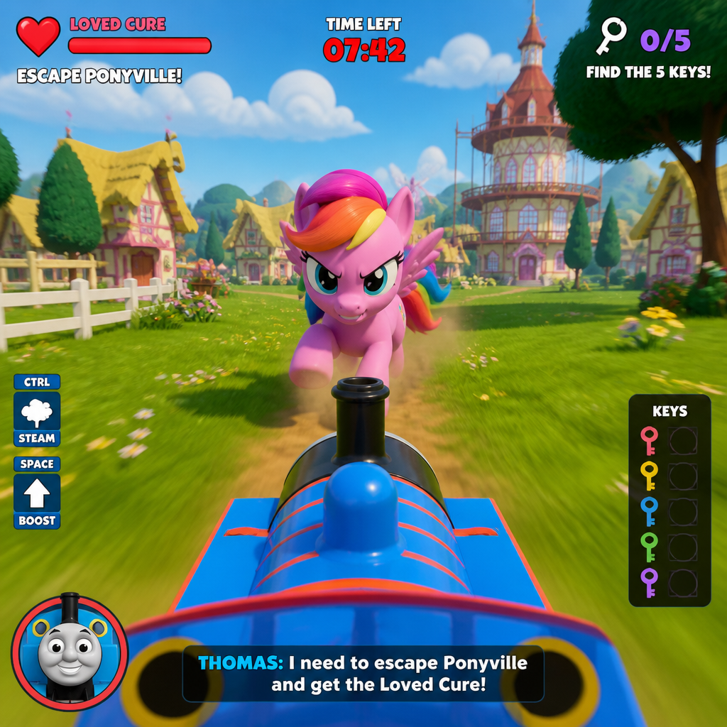 In loved cure escape game game gameplay you are play as POV of Thomas the tank engine you was chased by my little pony in Ponyville