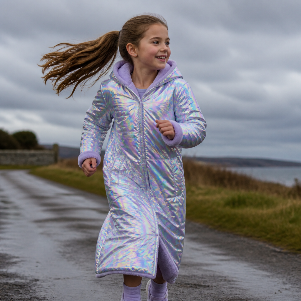 A 9 year old girl with a ponytail with a holographic sleeping coat
