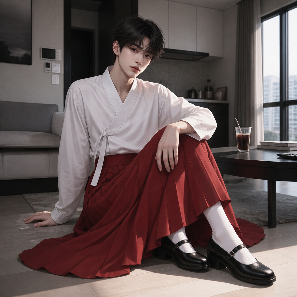 Boy 20 years old wears Japanese white shirt and a Japanese long pleats red skirt and wears shoes girl only sitting in the house in Korea