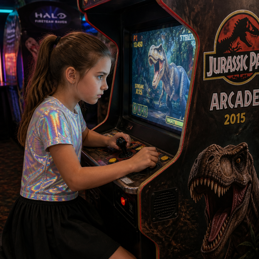 A 9 year old girl with a ponytail a holographic shirt and a normal black skirt playing Jurassic Park Arcade 2015
