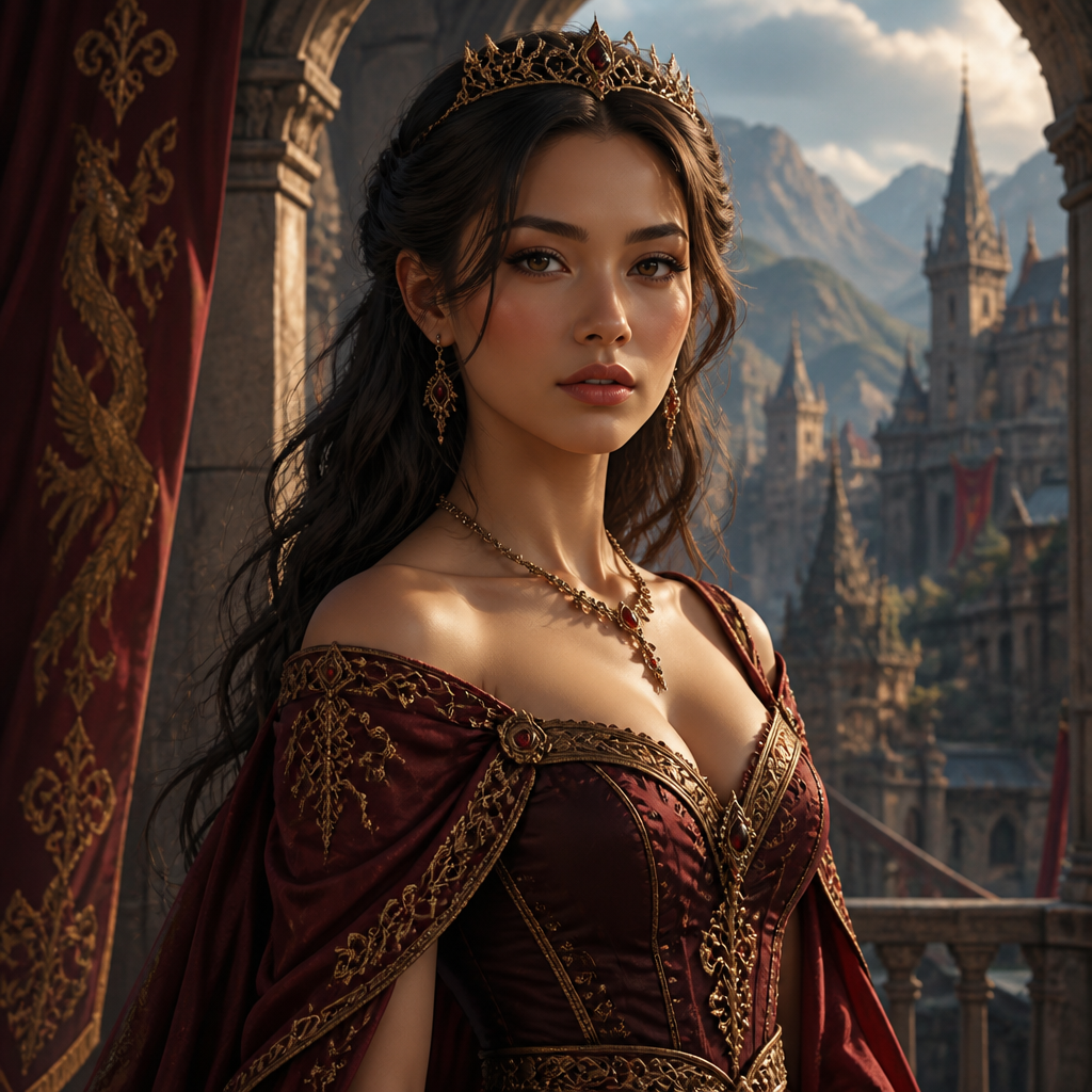 Make a princess who is half white half Asian,maroon dress, medium skin tone with yellow olive undertone, double eyelids but less eyelid spacing for focus look, straighter brow dark, dark brown hair like dark almost black, very beautiful and pretty, natural pink lips, wavy hair,