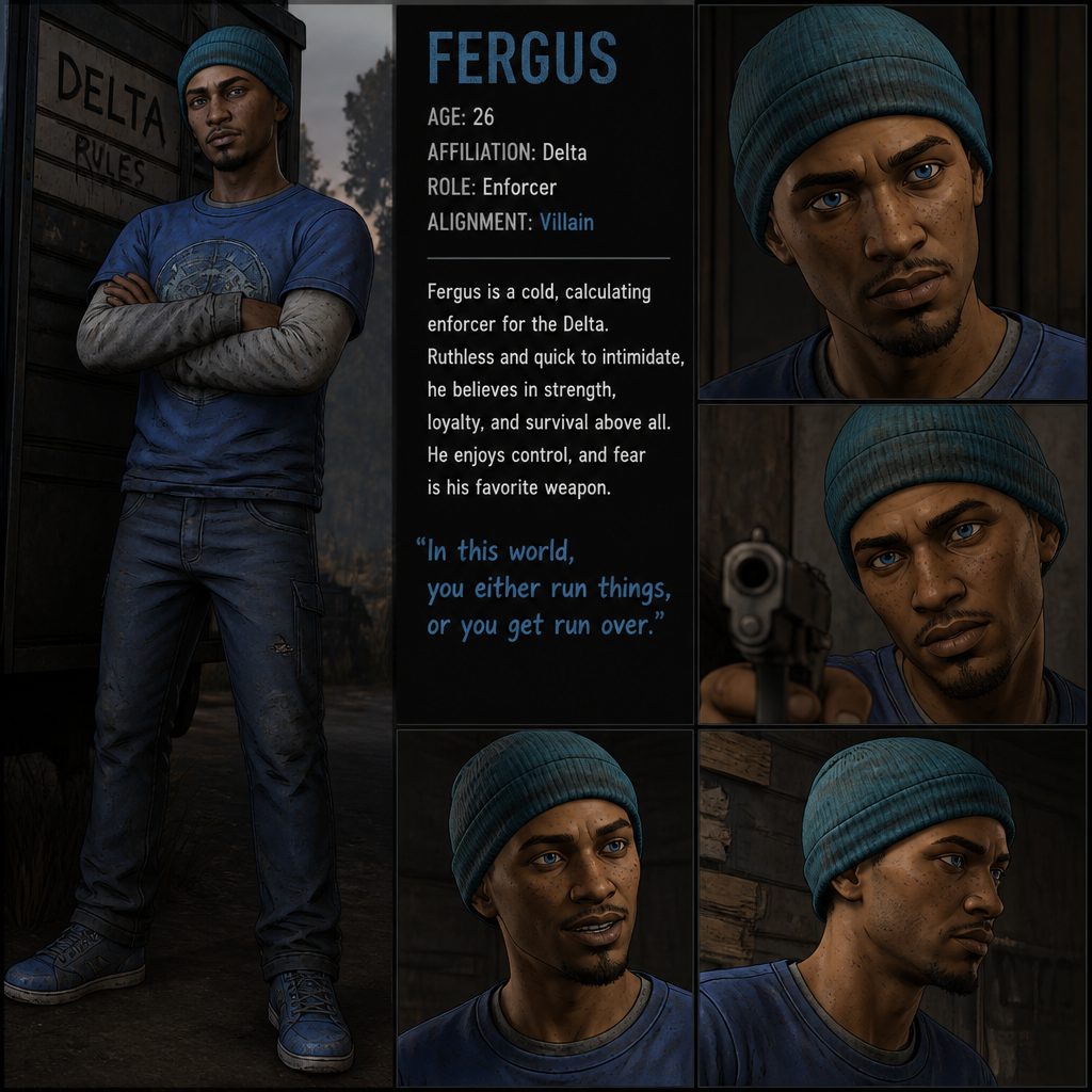 Fergus in the walking dead games he have blue eyes and cyan beanie and blue t-shirts and gray sleeves and blue pants and blue shoes and he is caucasian African American and his age is 26 and he is villain