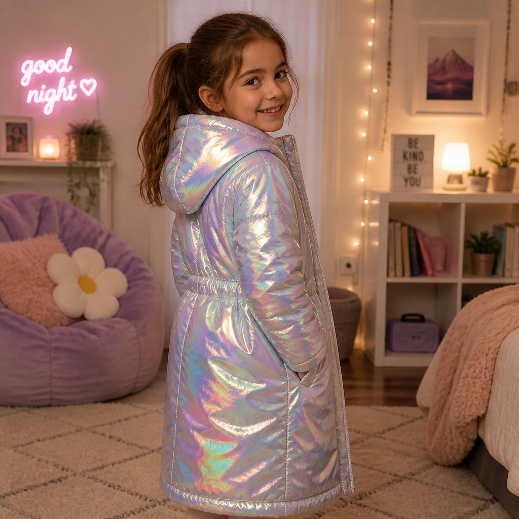 A 9 year old girl with a ponytail with a holographic sleeping coat in house